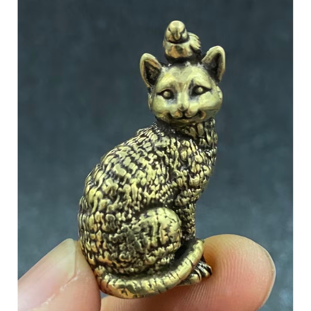Brass Cat Figurine Gold Miniature Bird Detail New
